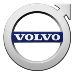 A silver circle with the word " volvo " in it.