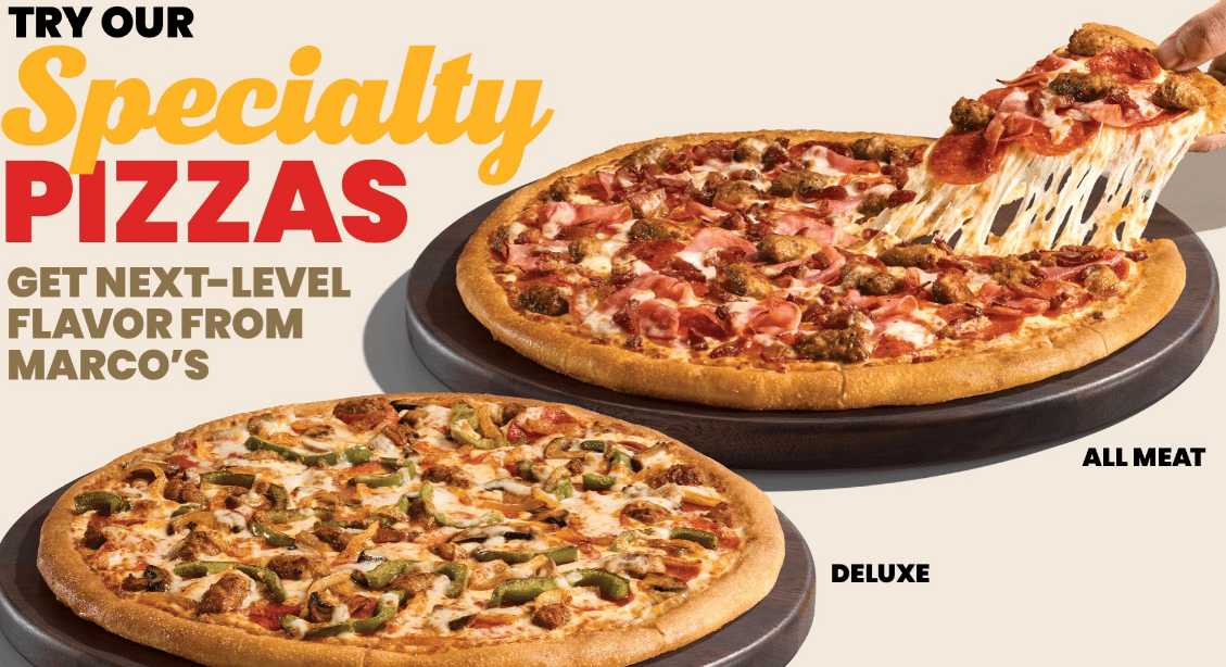 Two delicious pizzas with a text about specialty pizzas.