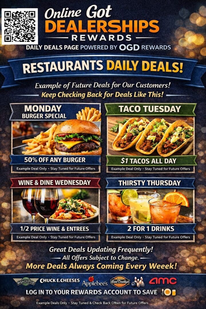 A colorful restaurant daily deals flyer with food images and discounts.