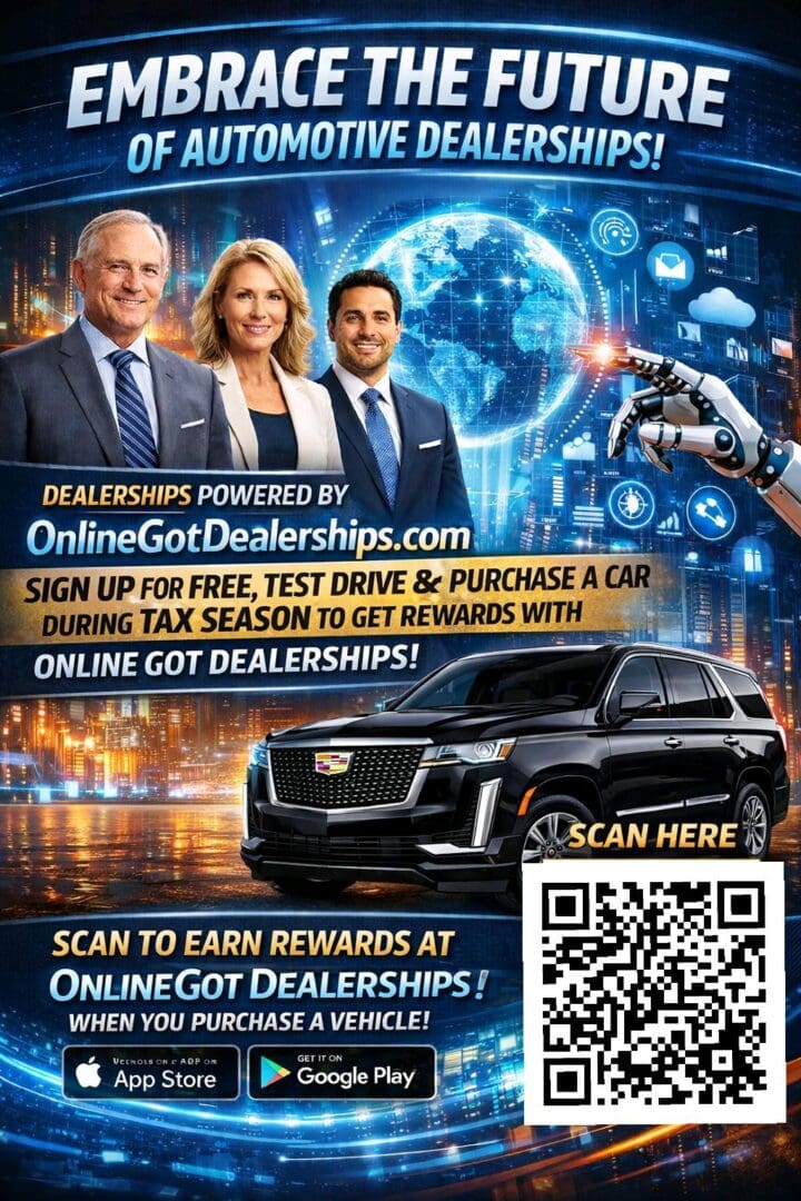 Online car dealership promotion with QR code and futuristic design.