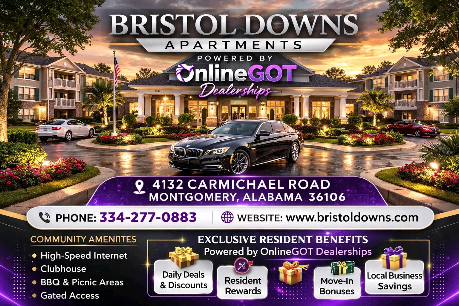 Bristol Downs Apartments advertisement showcasing luxury living amenities in Montgomery, Alabama.