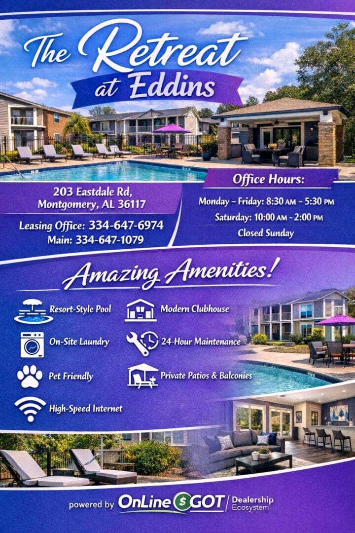 Flyer advertising 2-bedroom apartments with amenities and contact info.
