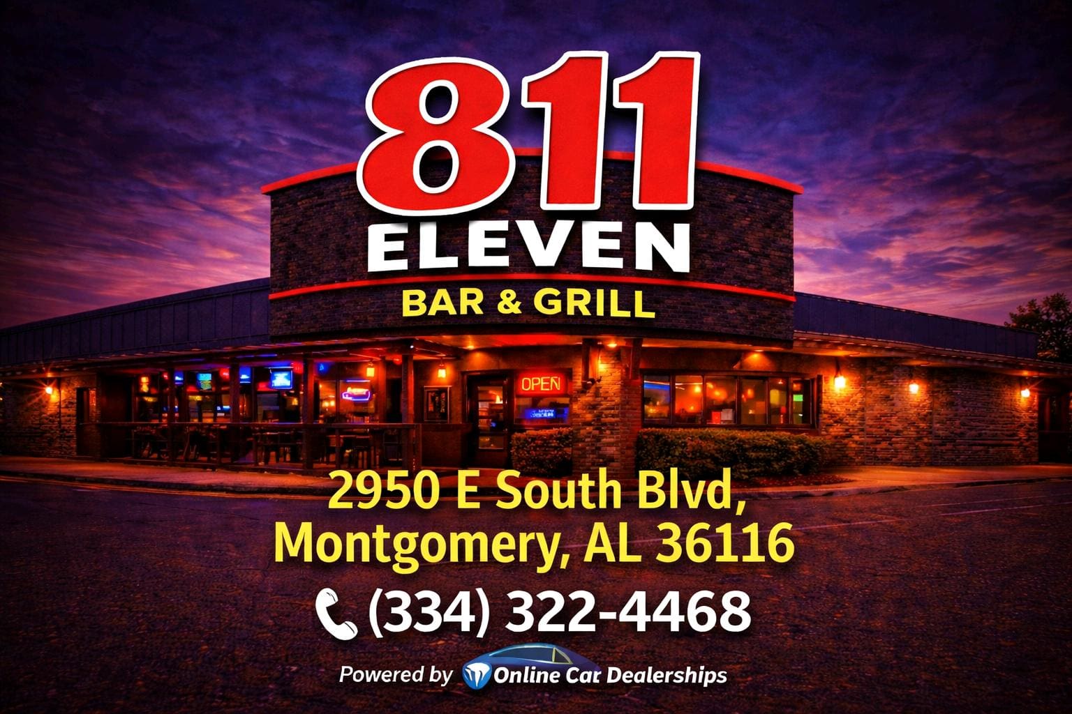 811 Eleven Bar & Grill illuminated at night with contact information.