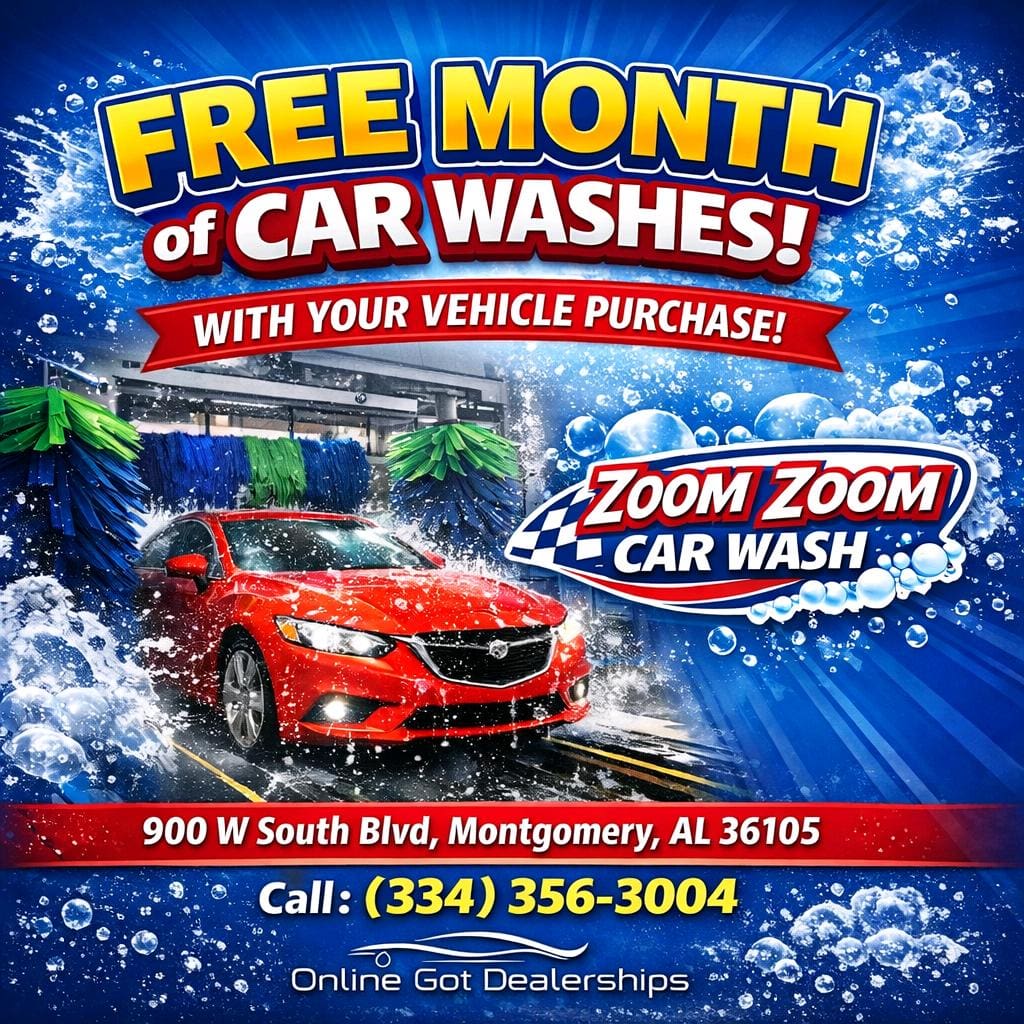 Bright advertisement for a free month of car washes with vehicle purchase.