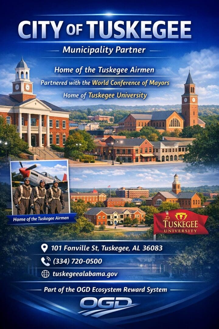 Welcome banner for Tuskegee Airmen with historical images and contact info.