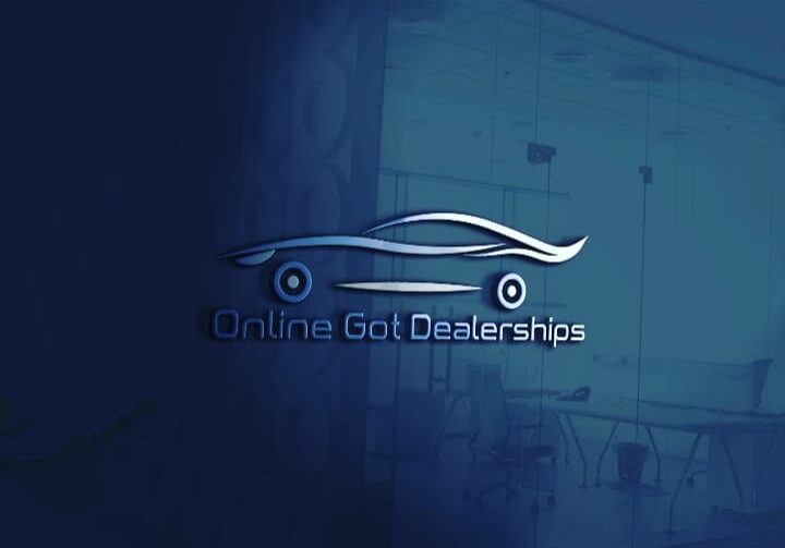 A blue and white logo of a car dealership.