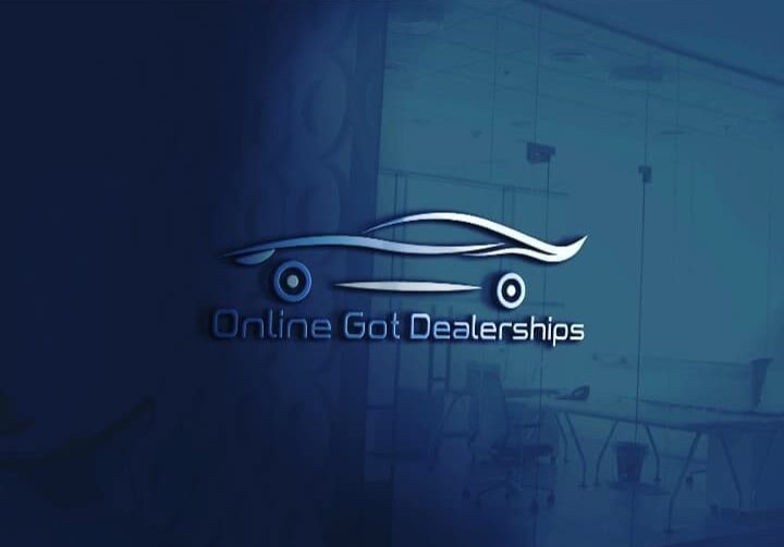 A blue and white logo of a car dealership.